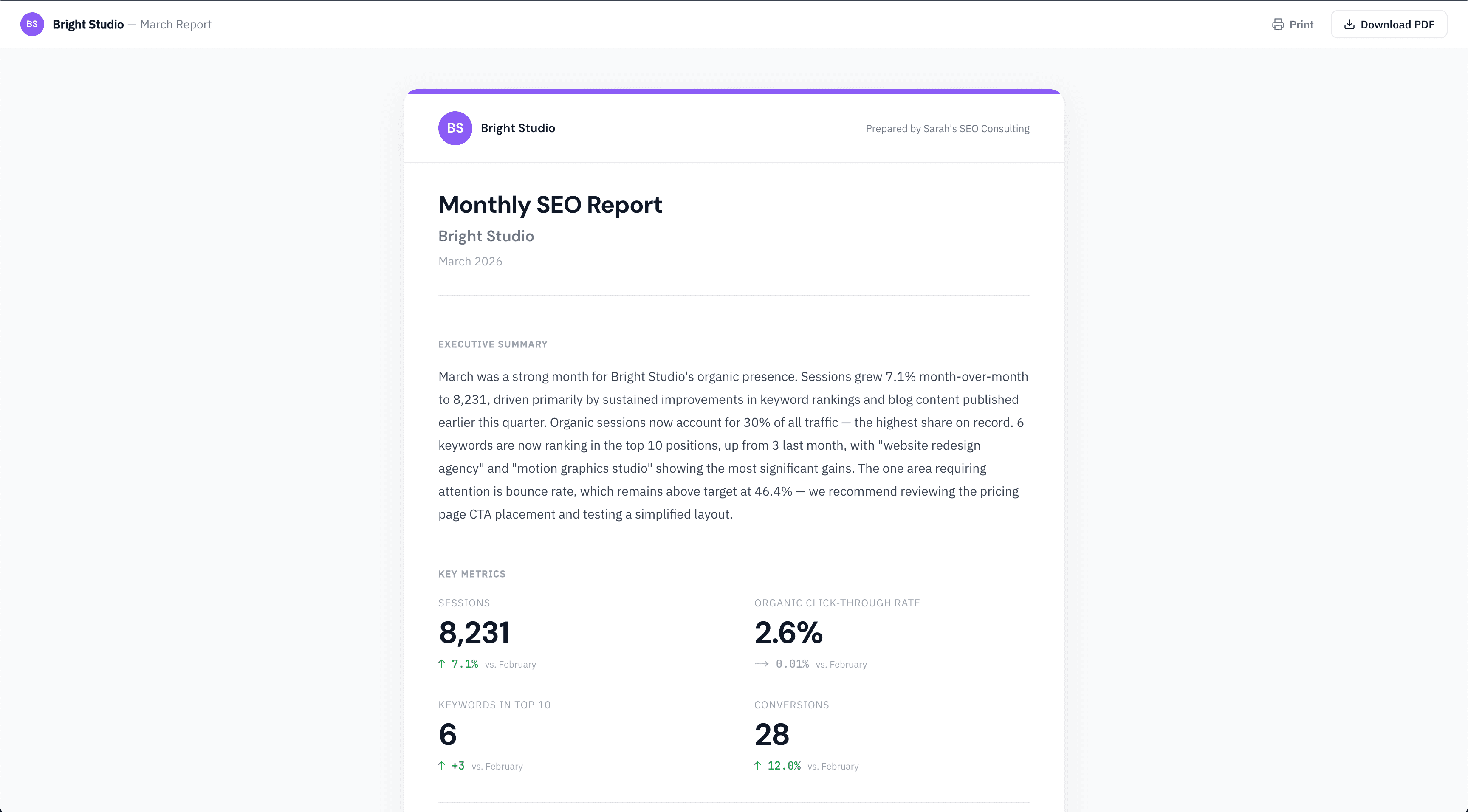 SimplyReport public client report showing branded header and metrics